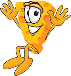 Clip Art Graphic of a Swiss Cheese Wedge Mascot Character Jumping