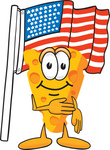 Clip Art Graphic of a Swiss Cheese Wedge Mascot Character Pledging Allegiance to an American Flag