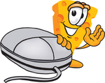 Clip Art Graphic of a Swiss Cheese Wedge Mascot Character Waving and Standing by a Computer Mouse