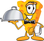 Clip Art Graphic of a Swiss Cheese Wedge Mascot Character Serving a Dinner Platter While Waiting Tables