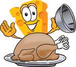 Clip Art Graphic of a Swiss Cheese Wedge Mascot Character Serving a Thanksgiving Turkey on a Platter