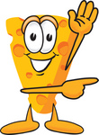Clip Art Graphic of a Swiss Cheese Wedge Mascot Character Waving and Pointing to the Right
