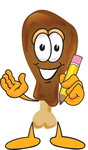 Clip Art Graphic of a Chicken Drumstick Mascot Character Holding a Pencil