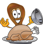 Clip Art Graphic of a Chicken Drumstick Mascot Character Serving a Thanksgiving Turkey on a Platter