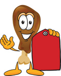 Clip Art Graphic of a Chicken Drumstick Mascot Character Holding a Red Sales Price Tag