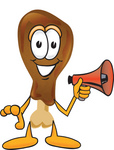 Clip Art Graphic of a Chicken Drumstick Mascot Character Holding a Megaphone