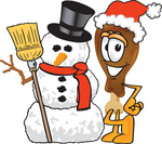 Clip Art Graphic of a Chicken Drumstick Mascot Character With a Snowman on Christmas