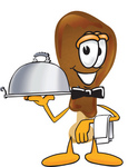 Clip Art Graphic of a Chicken Drumstick Mascot Character Dressed as a Waiter and Holding a Serving Platter