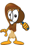 Clip Art Graphic of a Chicken Drumstick Mascot Character Looking Through a Magnifying Glass