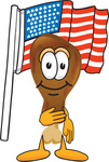 Clip Art Graphic of a Chicken Drumstick Mascot Character Pledging Allegiance to an American Flag