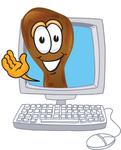 Clip Art Graphic of a Chicken Drumstick Mascot Character Waving From Inside a Computer Screen