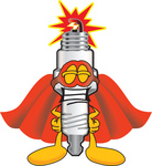 Clip Art Graphic of a Spark Plug Mascot Character Dressed as a Super Hero