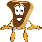 Clip Art Graphic of a Beef Steak Meat Mascot Character Sitting
