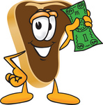Clip Art Graphic of a Beef Steak Meat Mascot Character Waving a Green Dollar Bill