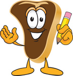 Clip Art Graphic of a Beef Steak Meat Mascot Character Holding a Pencil
