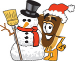Clip Art Graphic of a Beef Steak Meat Mascot Character Wearing a Santa Hat and Standing With a Snowman