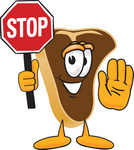 Clip Art Graphic of a Beef Steak Meat Mascot Character Holding a Stop Sign
