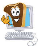 Clip Art Graphic of a Beef Steak Meat Mascot Character Waving From Inside a Computer Screen