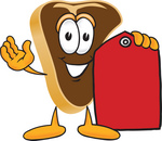 Clip Art Graphic of a Beef Steak Meat Mascot Character Holding a Blank Red Sales Price Tag