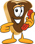 Clip Art Graphic of a Beef Steak Meat Mascot Character Holding and Pointing to a Red Phone