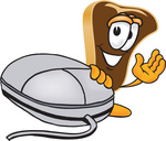 Clip Art Graphic of a Beef Steak Meat Mascot Character Waving and Standing by a Computer Mouse