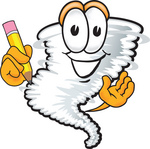 Clip Art Graphic of a Tornado Mascot Character Holding a Pencil