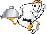 Clip Art Graphic of a Tornado Mascot Character Waiting Tables and Serving a Dinner Platter