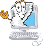 Clip Art Graphic of a Tornado Mascot Character Waving From Inside a Computer Screen