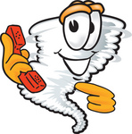 Clip Art Graphic of a Tornado Mascot Character Holding a Phone