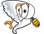 Clip Art Graphic of a Tornado Mascot Character Looking Through a Magnifying Glass