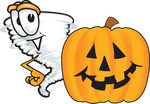 Clip Art Graphic of a Tornado Mascot Character With a Halloween Pumpkin
