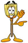 Clip Art Graphic of a Straw Broom Cartoon Character Waving and Pointing to the Right
