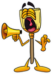 Clip Art Graphic of a Straw Broom Cartoon Character Screaming Into a Megaphone