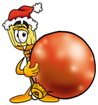 Clip Art Graphic of a Straw Broom Cartoon Character Wearing a Santa Hat, Standing With a Christmas Bauble