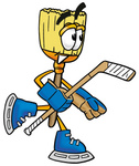 Clip Art Graphic of a Straw Broom Cartoon Character Playing Ice Hockey