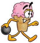Clip Art Graphic of a Strawberry Ice Cream Cone Cartoon Character Holding a Bowling Ball