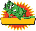 Clip Art Graphic of a Flat Green Dollar Bill Cartoon Character Reclining Over a Blank Yellow Label With a Burst