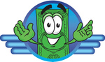 Clip Art Graphic of a Flat Green Dollar Bill Cartoon Character in a Blue Circular Logo With Lines
