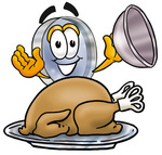 Clip Art Graphic of a Blue Handled Magnifying Glass Cartoon Character Serving a Thanksgiving Turkey on a Platter