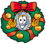Clip Art Graphic of a Blue Handled Magnifying Glass Cartoon Character in the Center of a Christmas Wreath