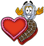 Clip Art Graphic of a Blue Handled Magnifying Glass Cartoon Character With an Open Box of Valentines Day Chocolate Candies