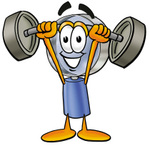 Clip Art Graphic of a Blue Handled Magnifying Glass Cartoon Character Holding a Heavy Barbell Above His Head