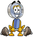Clip Art Graphic of a Blue Handled Magnifying Glass Cartoon Character Lifting a Heavy Barbell