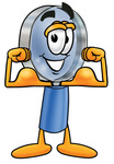 Clip Art Graphic of a Blue Handled Magnifying Glass Cartoon Character Flexing His Arm Muscles