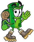 Clip Art Graphic of a Rolled Greenback Dollar Bill Banknote Cartoon Character Hiking and Carrying a Backpack