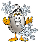 Clip Art Graphic of a Wired Computer Mouse Cartoon Character Surrounded by Falling Snowflakes in Winter