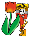 Clip Art Graphic of a Red Paintbrush With Yellow Paint Cartoon Character With a Red Tulip Flower in the Spring