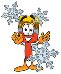 Clip Art Graphic of a Red Paintbrush With Yellow Paint Cartoon Character With Three Snowflakes in Winter