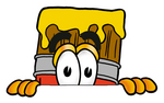 Clip Art Graphic of a Red Paintbrush With Yellow Paint Cartoon Character Peeking Over a Surface