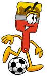 Clip Art Graphic of a Red Paintbrush With Yellow Paint Cartoon Character Kicking a Soccer Ball